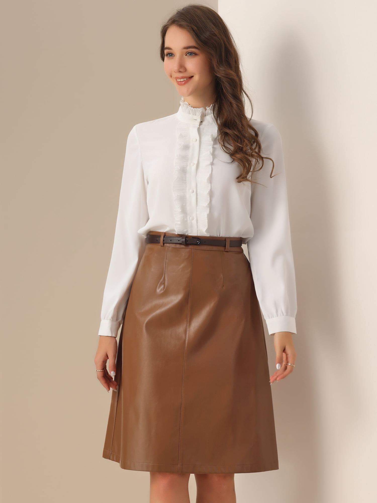 DARING DIVA Women A-Line High Waist PU Faux Leather Belted Midi Skirt XS Dark Brown