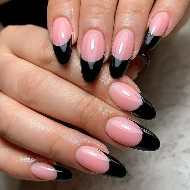 Presione sobre las uñas Uñas postizas negras de longitud media Uñas con punta francesa Uñas acrílicas de almendra. Nota: sin pegamento.