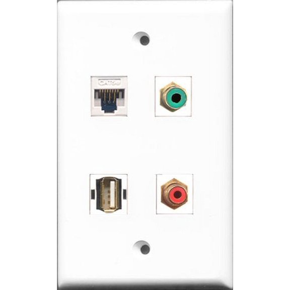 RiteAV 1 Port RCA Red and 1 Port RCA Green and 1 Port USB A-A and 1 Port Cat5e Ethernet White Wall Plate