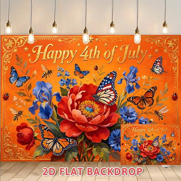 Happy 4th of July Backdrop, Vibrant Floral Butterfly Patriotic Photography Background, Suitable for Independence Day Party Decorations, Indoor Outdoor Wall Hanging, Holiday Celebration Photo Booth