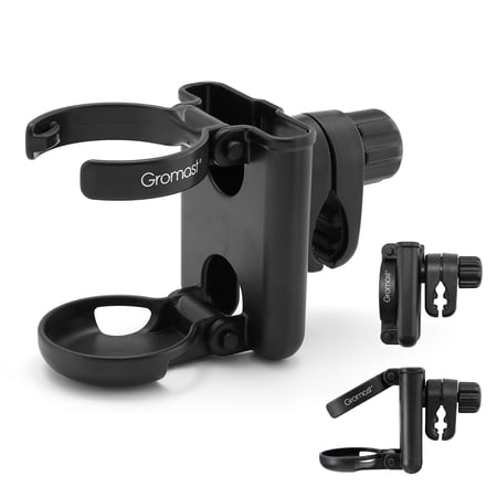 Gromast 2 in 1 Foldable Stroller Cup Holder + Phone Holder, 360°Rotatable with Adjustable Clip, Universal Cup Holder for Stroller, Wheelchair, Bike, Walker, Scooter, Tricycle - Black