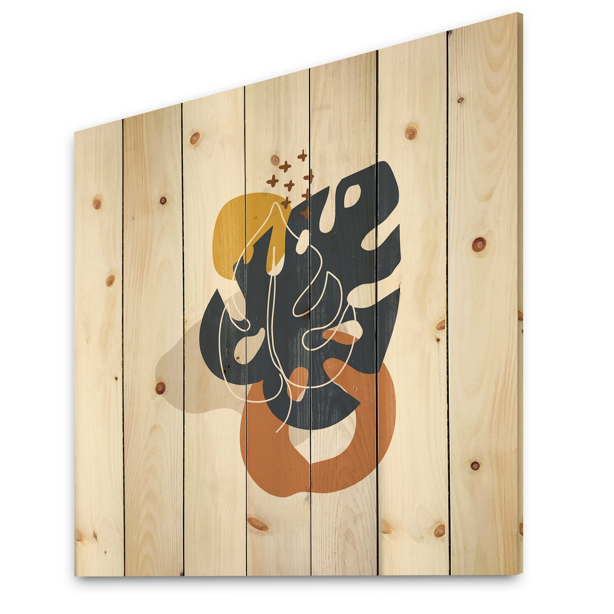 Designart 'Abstract Minimal Shapes Under Flowers IX' Modern Print on Natural Pine Wood