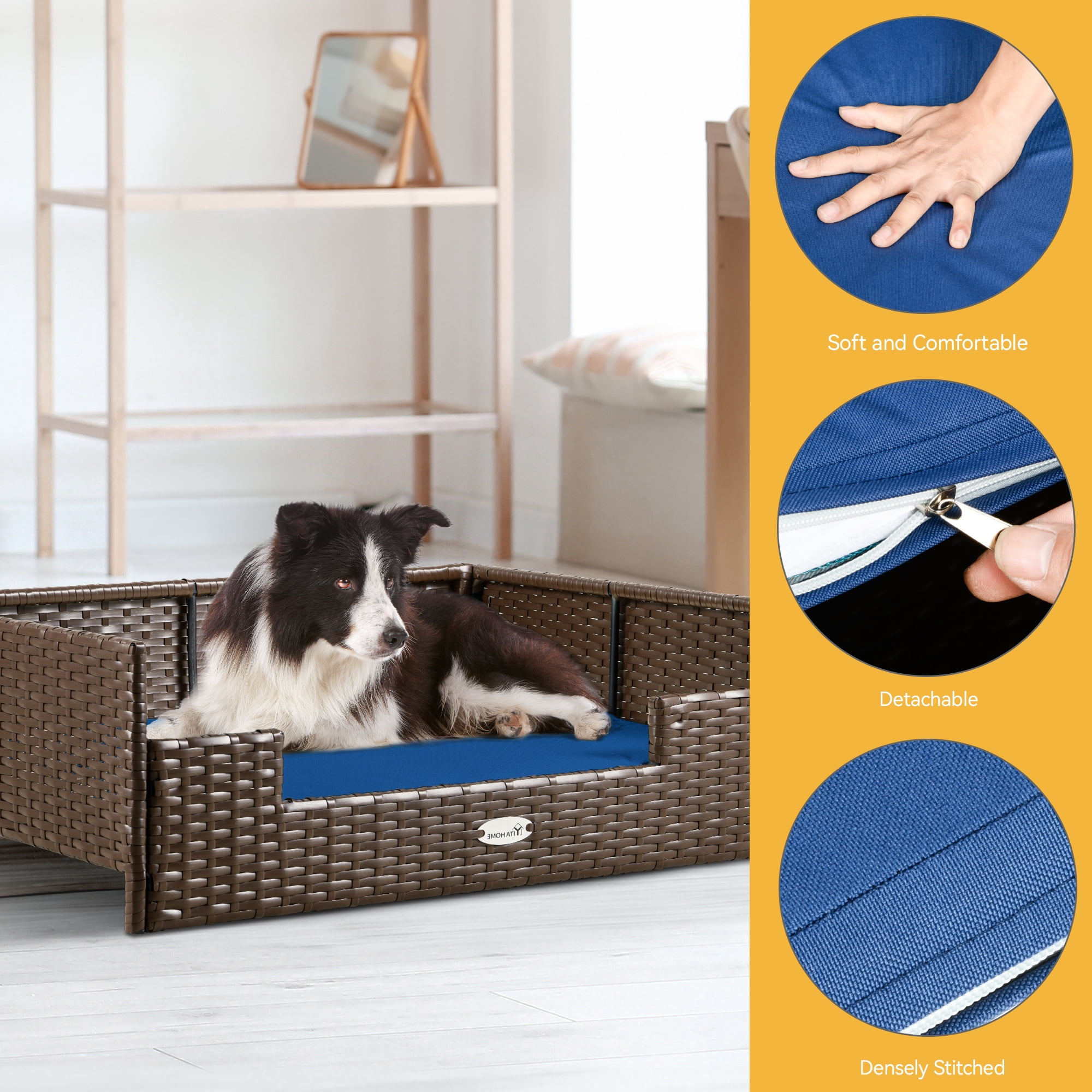 Dextrus Rattan Dog Bed with Blue Cushion, Indoor Outdoor Pet Bed for Small Medium Dogs and Cats,34.6''Lx23.6''Wx11.8''H,Brown