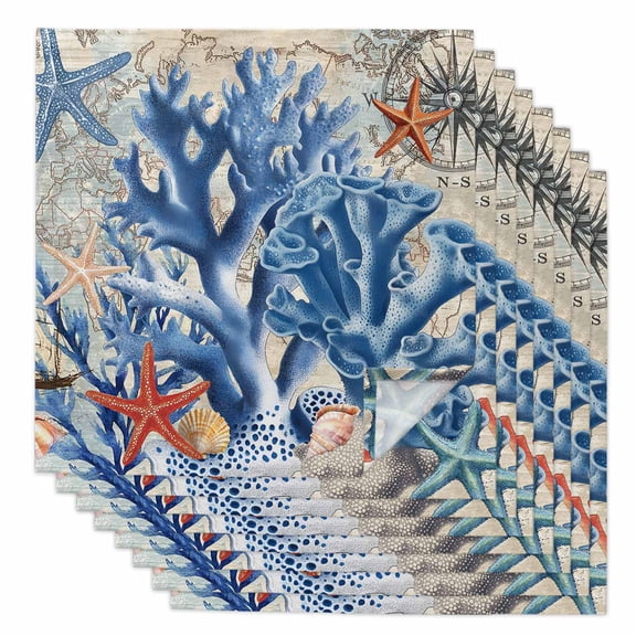 Boanket Blue Coral Coastal Cloth Napkins Set of 8, Holiday Napkins for Baby Shower, Summer Beach Vintage Nautical Starfish Washable Reusable Dinner Napkins for Cocktail Wedding Party, 20 x 20 Inch