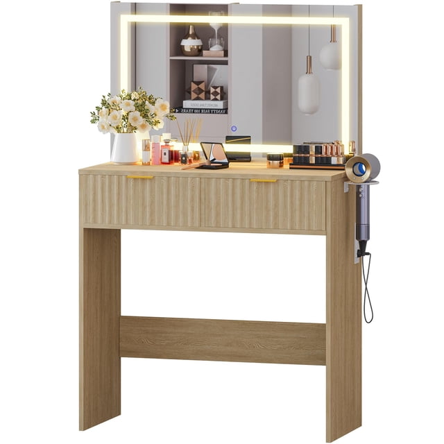 BeesClover Fluted Makeup Vanity Desk with LED Lighted Mirror, 3 Color Modes, 2 Drawers, Power Outlet & USB Ports, Hair Dryer Rack, Modern Light Wood Dressing Table for Bedroom, Girls & Women