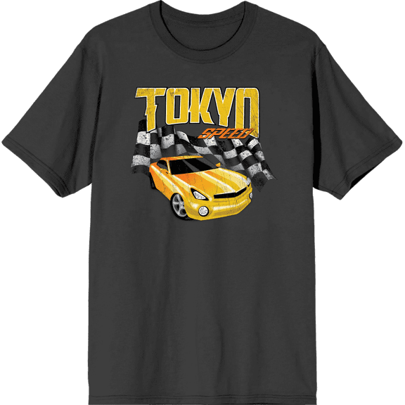 Car Fanatic - Tokyo Speed Racing Flag and Yellow Car Adult Charcoal Crew Neck Short Sleeve Tee-Medium