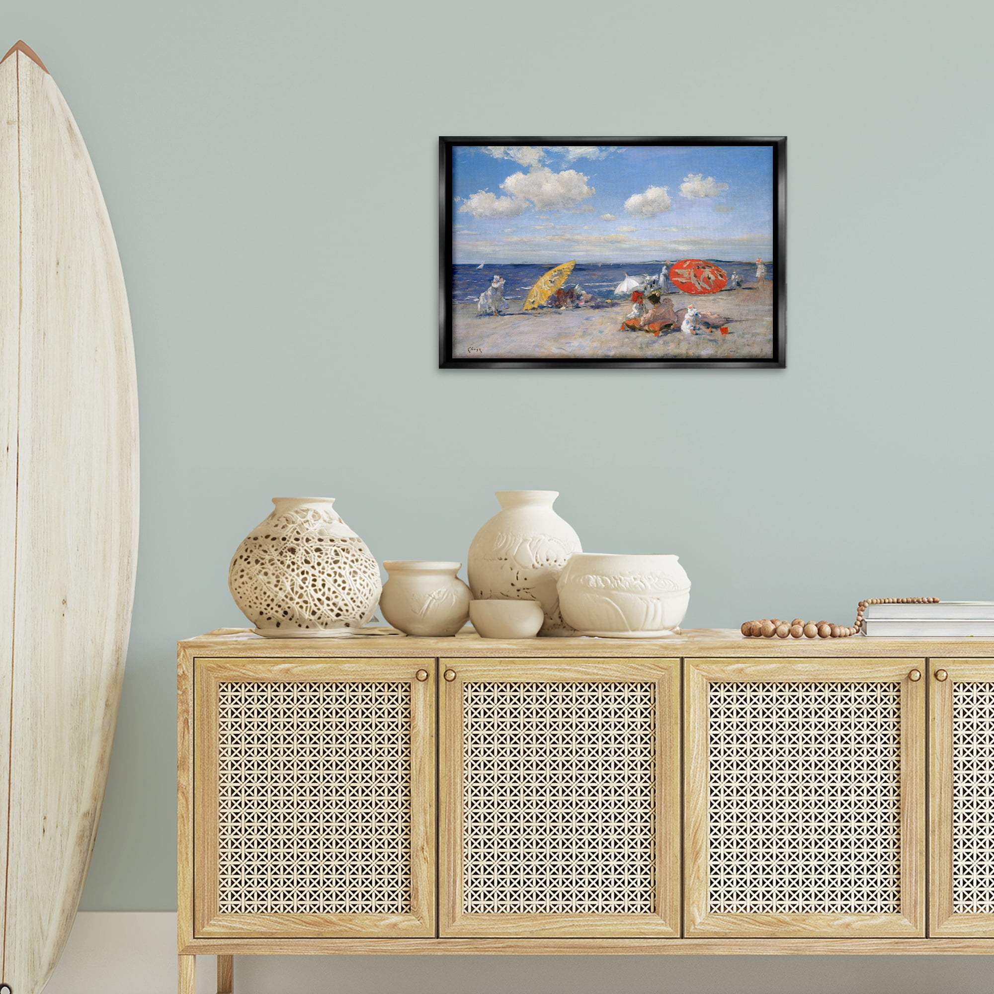 Stupell Industries Classic Beachgoers Scene Nautical & Beach Painting Black Floater Framed Canvas Art Print Wall Art, 25 x 17