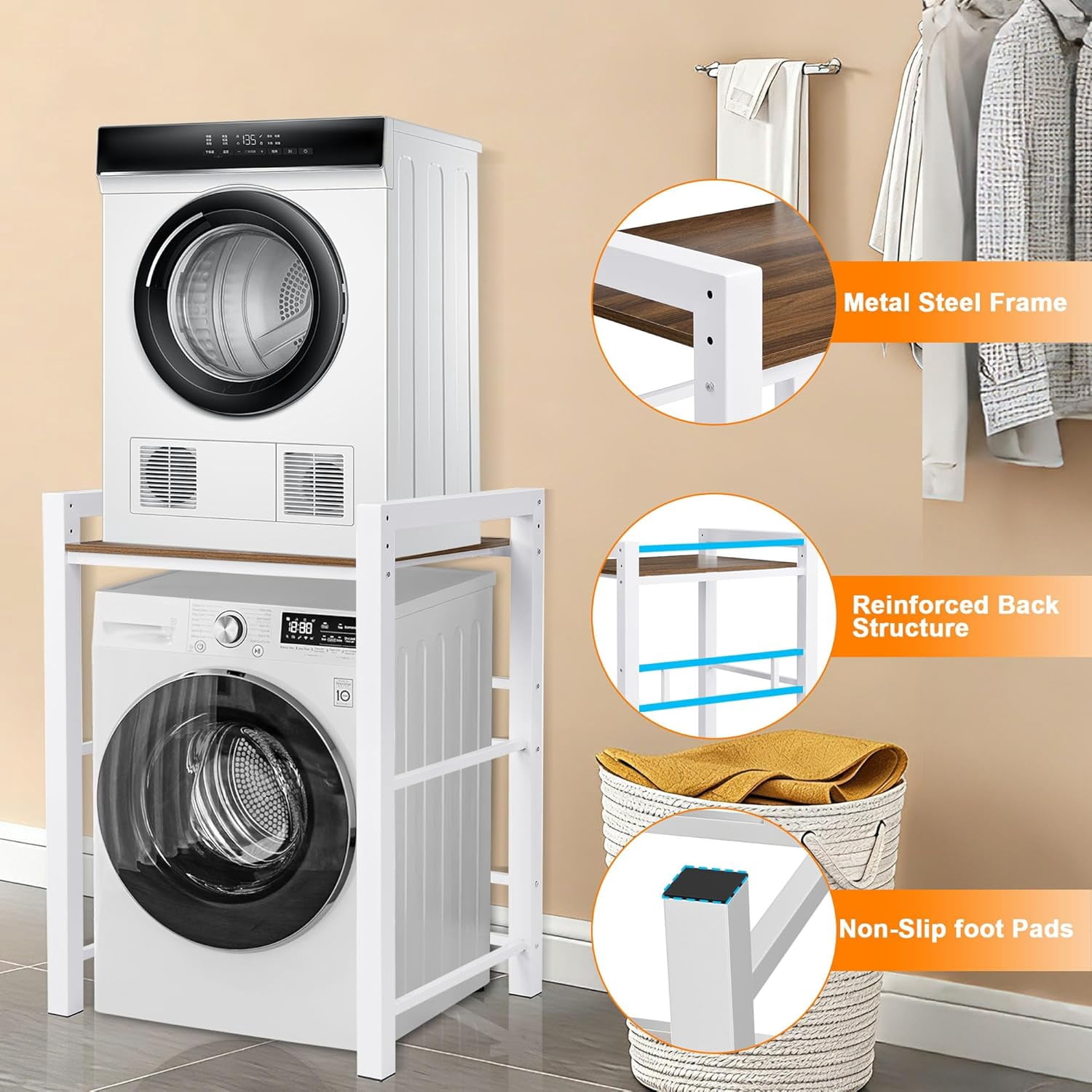 Washer Dryer Stacking Rack, 3 Height Adjustable Laundry Shelf, 300KG Load Capacity, White Storage Organizer for Bathroom
