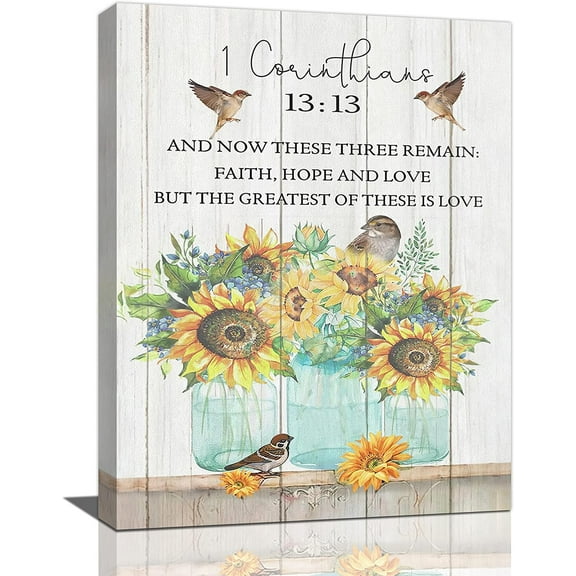 Christian Bible Verse Wall Art 1 Corinthians 13 Bathroom Wall Decor Farmhouse Sunflower Canvas Pictures Painting Scripture Decor Framed Artwork for Bedroom Living Room Ready to Hang 12"x16"