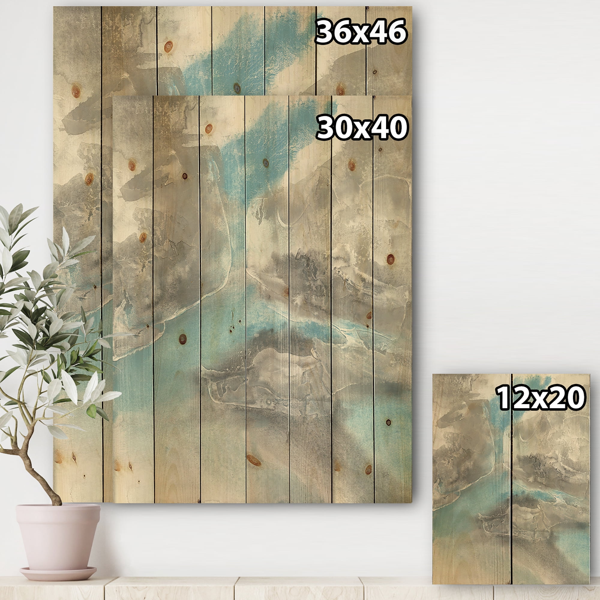 Designart 'Minimal Watercolor Blue Tones II' Mid-Century Modern Print on Natural Pine Wood