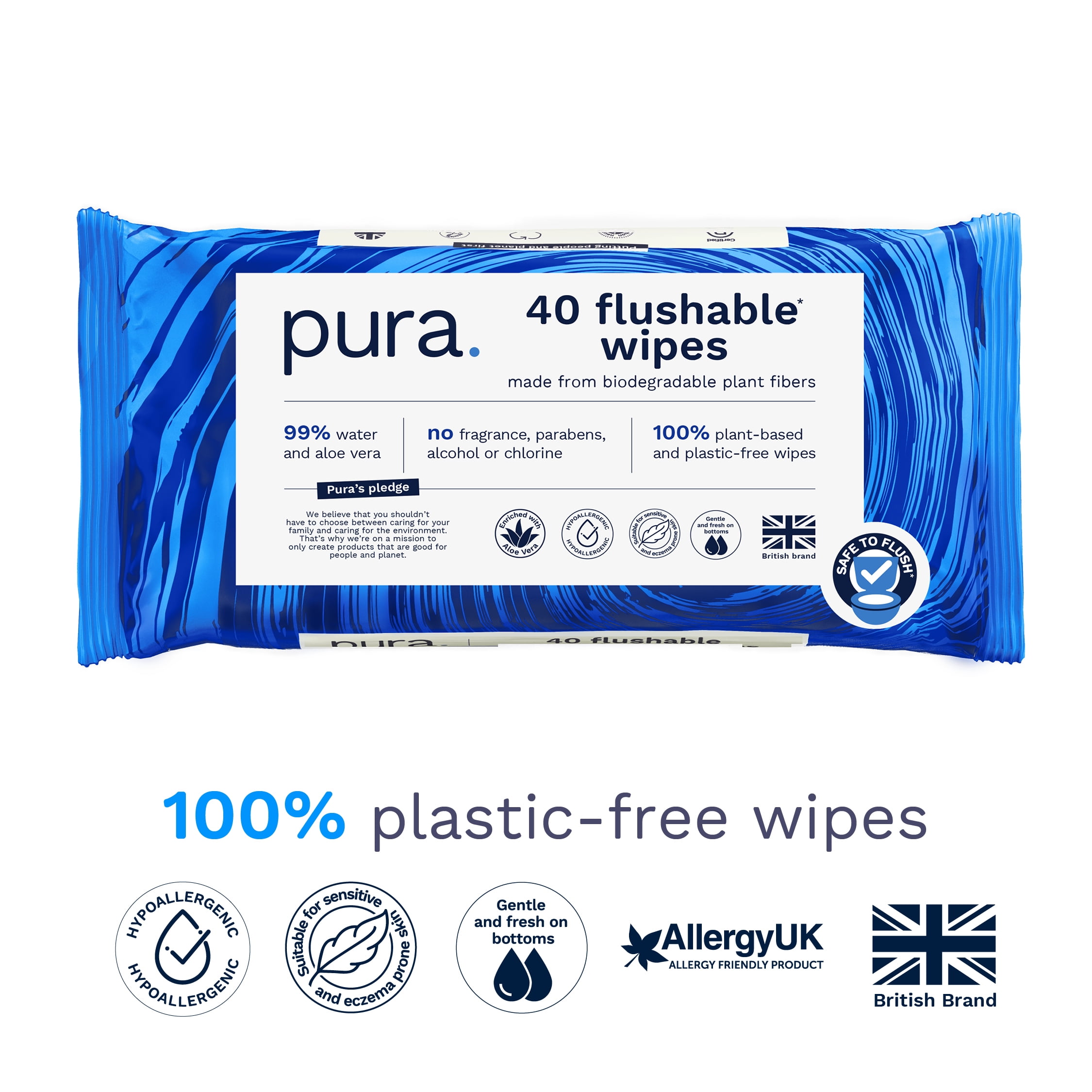 Pura Flushable Fragrance-Free Allergy UK Certified Toilet Wipes, 160 Count (Choose Your Count)