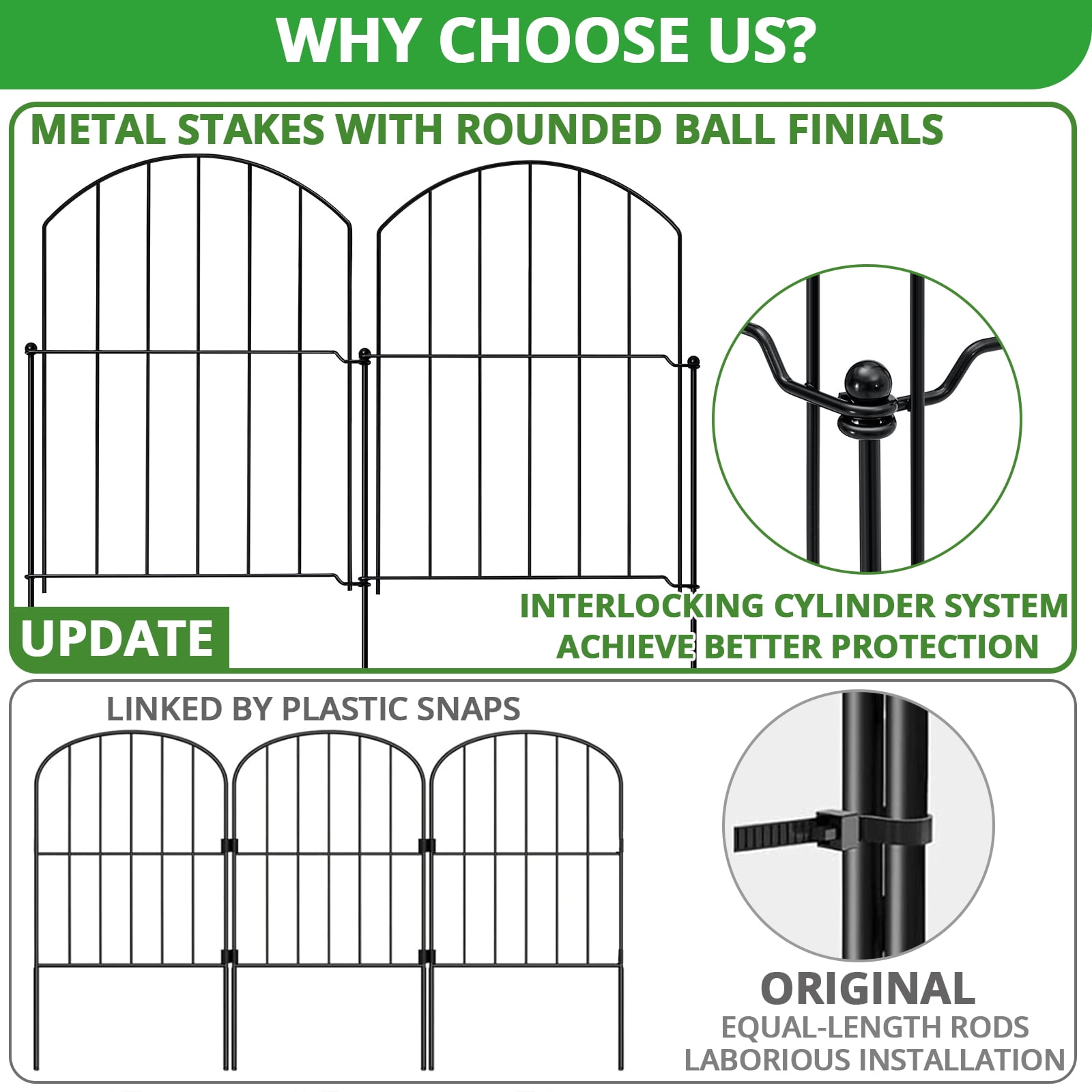 BSHAPPLUS® Garden Fence 10 pack ,17in (H) x 11ft (L) Metal Fence,Rustproof Decorative Fence,Animal Wire Fence,Wrought Iron Fence, Picket Fencing No-Dig for Yard, Lawn and Patio Borders