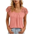 thumbnail image 2 of QUNYINEY Summer Womens T Shirts Cotton Pink Short Sleeve Shirt Lace Pleated Pullover Relaxed Fit Crew Neck Tops, 2 of 7