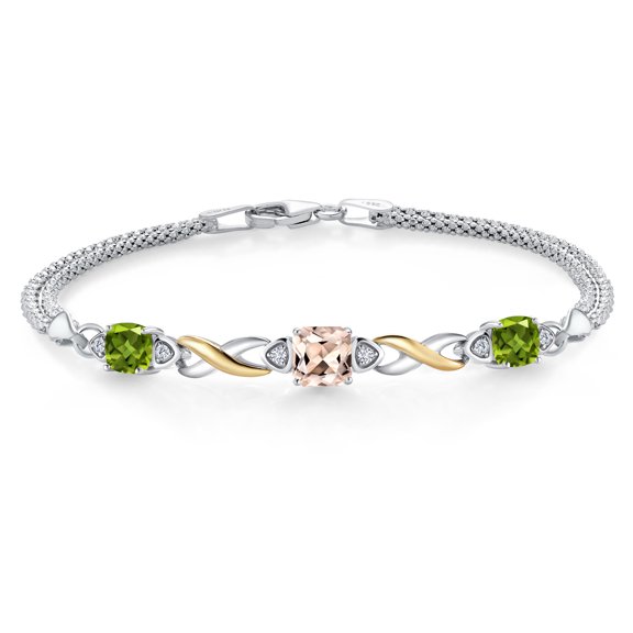 925 Silver and 10K Yellow Gold Peach Morganite and Green Peridot and White Lab Grown Diamond Bracelet for Women (2.11 Cttw, Gemstone October Birthstone, Cushion 6MM, 7 inches, Made in Italy)
