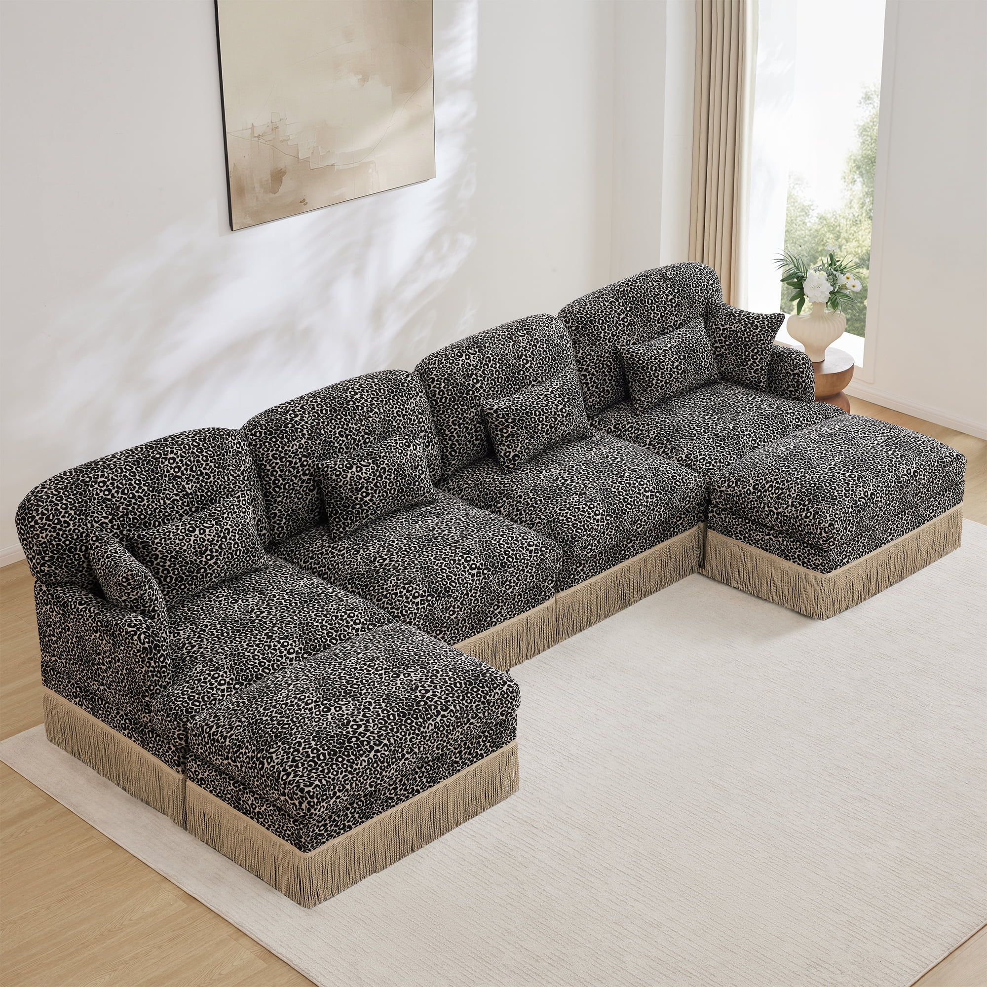 131" Chenille Leopard Tassel Deep Seat U Shape 4 Seater Modular Sofa Couch with 6 Throw Pillows and 2 Ottoman