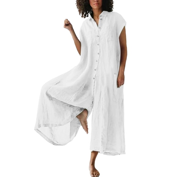 HXWCHs formal Event Jumpsuits Stylish Women's Casual Short Sleeve Shirt Style Mid Length Jumpsuit Solid Color Romper S B