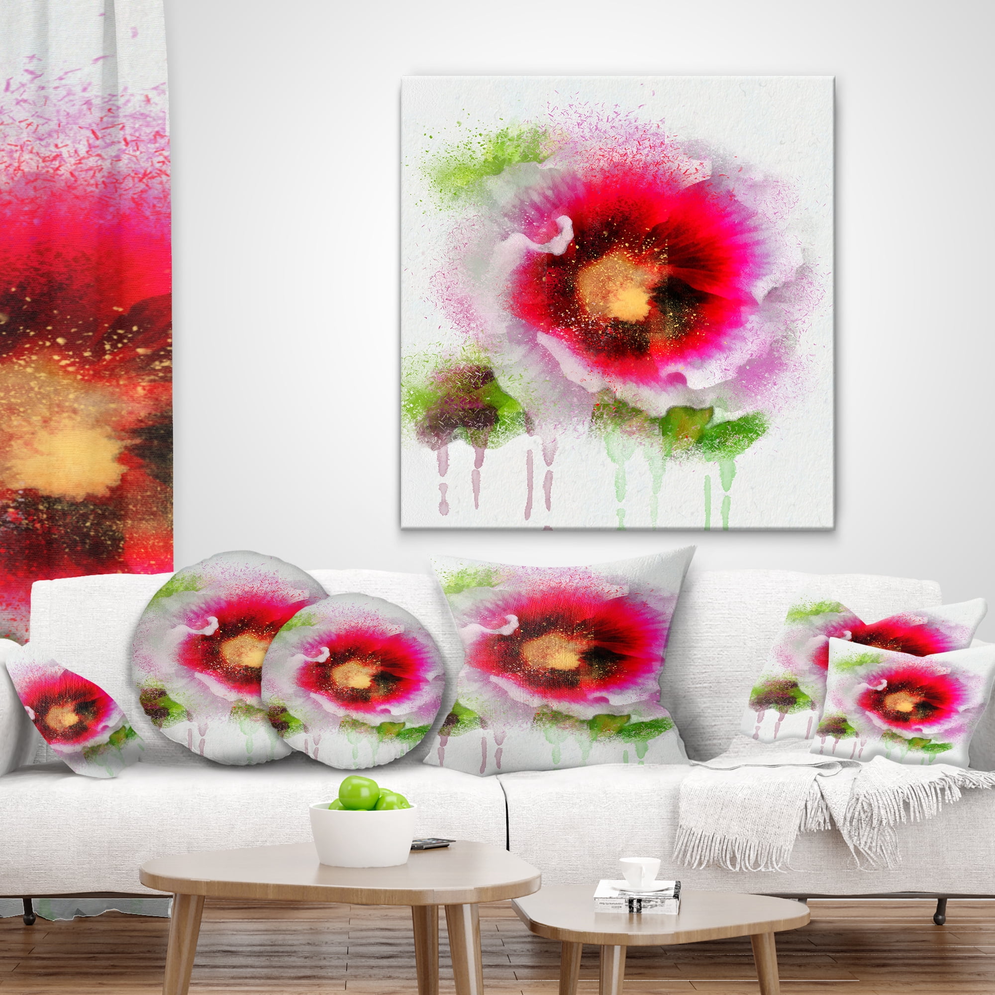Designart Poppy with Green Watercolor Splashes - Floral Throw Pillow - 18x18