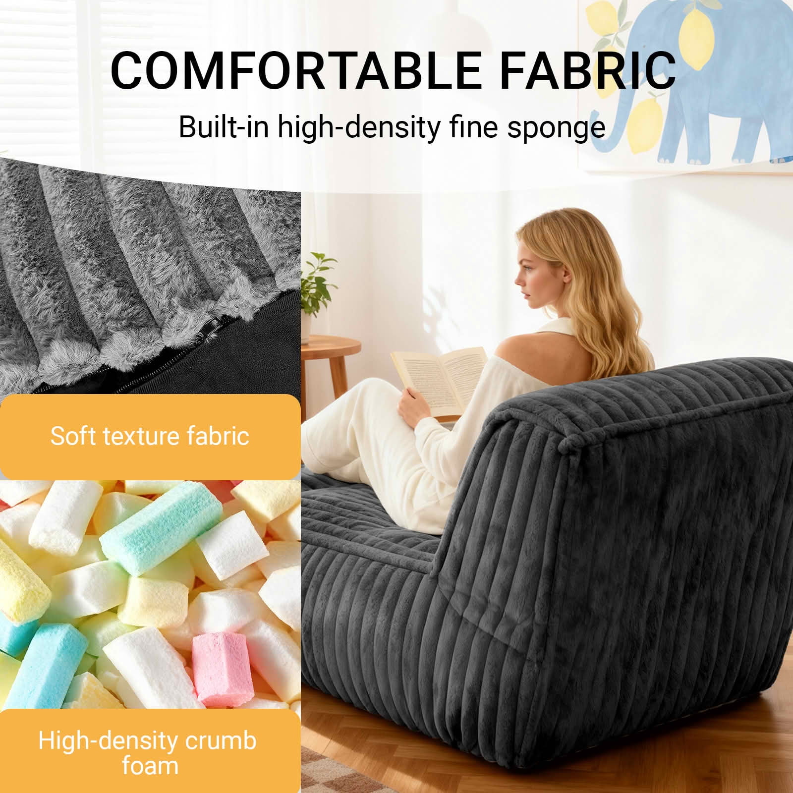 MAYEERTY 2-in-1 Convertible Single Floor Sofa Bed, Ergonomic Corduroy Modular Lounger for Small Spaces，Dark Gray