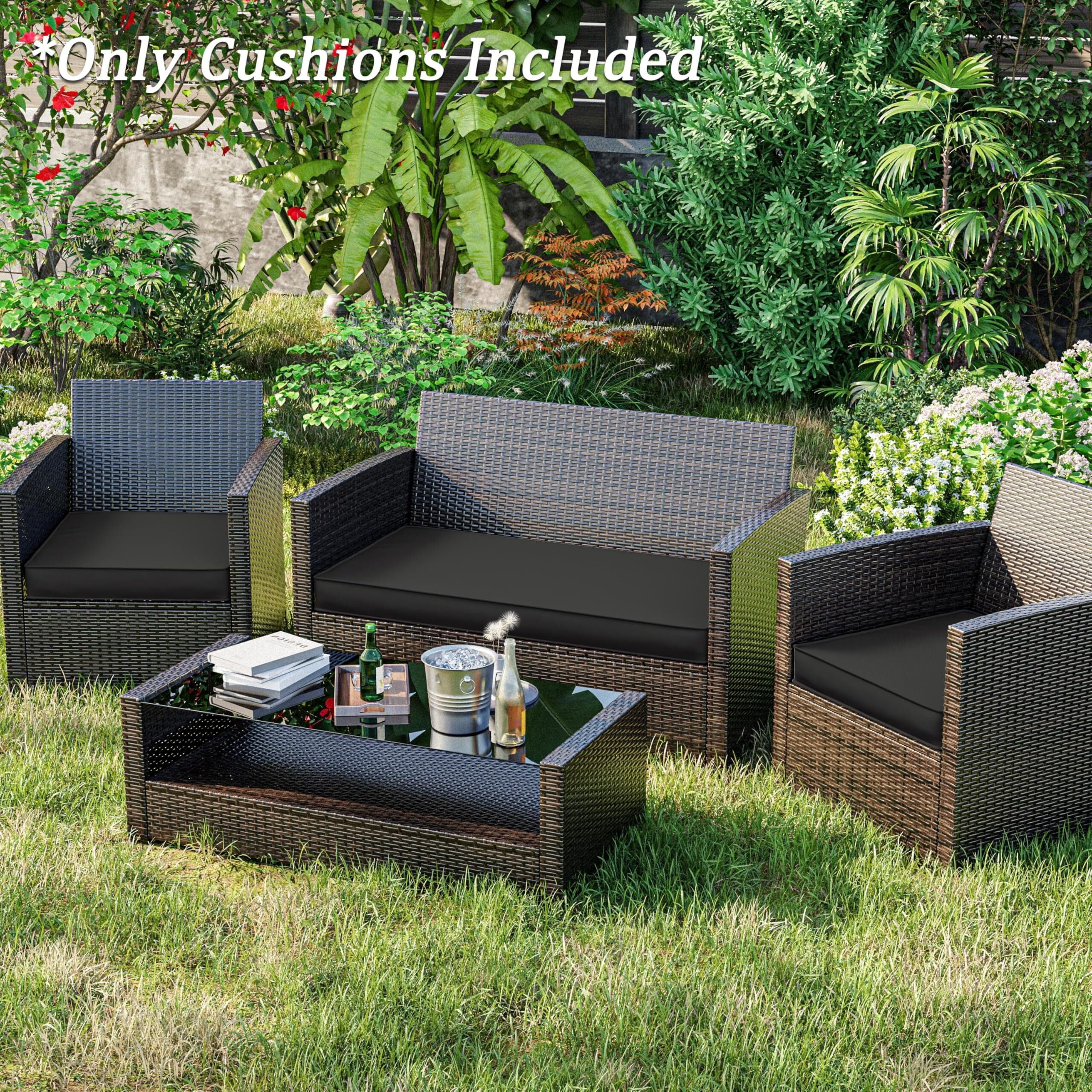 Kimunuk 3 Piece Wicker Chair Cushions, Waterproof Patio Loveseat Chair Cushions Set for Outdoor Indoor Furniture, Black