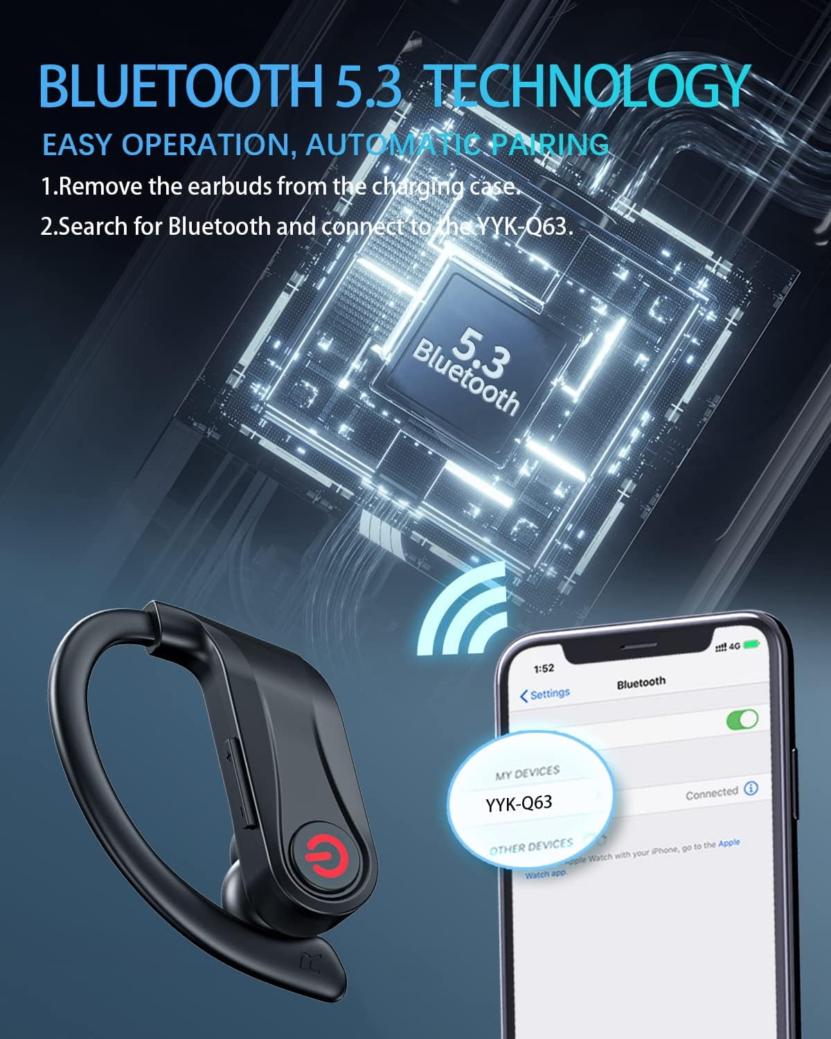 Wireless Earbuds Bluetooth Headphones Sports Over-Ear Bluetooth 5.3 Ear Buds with Earhooks 120H Playtime Wireless Headphones for Workout Waterproof Bluetooth LED Power Display