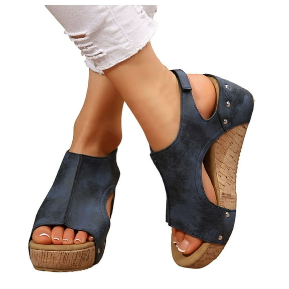 Women's Platform Dress Sandals Ladies Retro Casual Peep Toe Chunky Wedge Slingback Beach Summer Shoes Blue