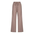 thumbnail image 5 of Womens Cotton Linen Pants Drawstring Waist Straight Leg Lounge Pants for Women Solid Color Slacks with Pockets, 5 of 6