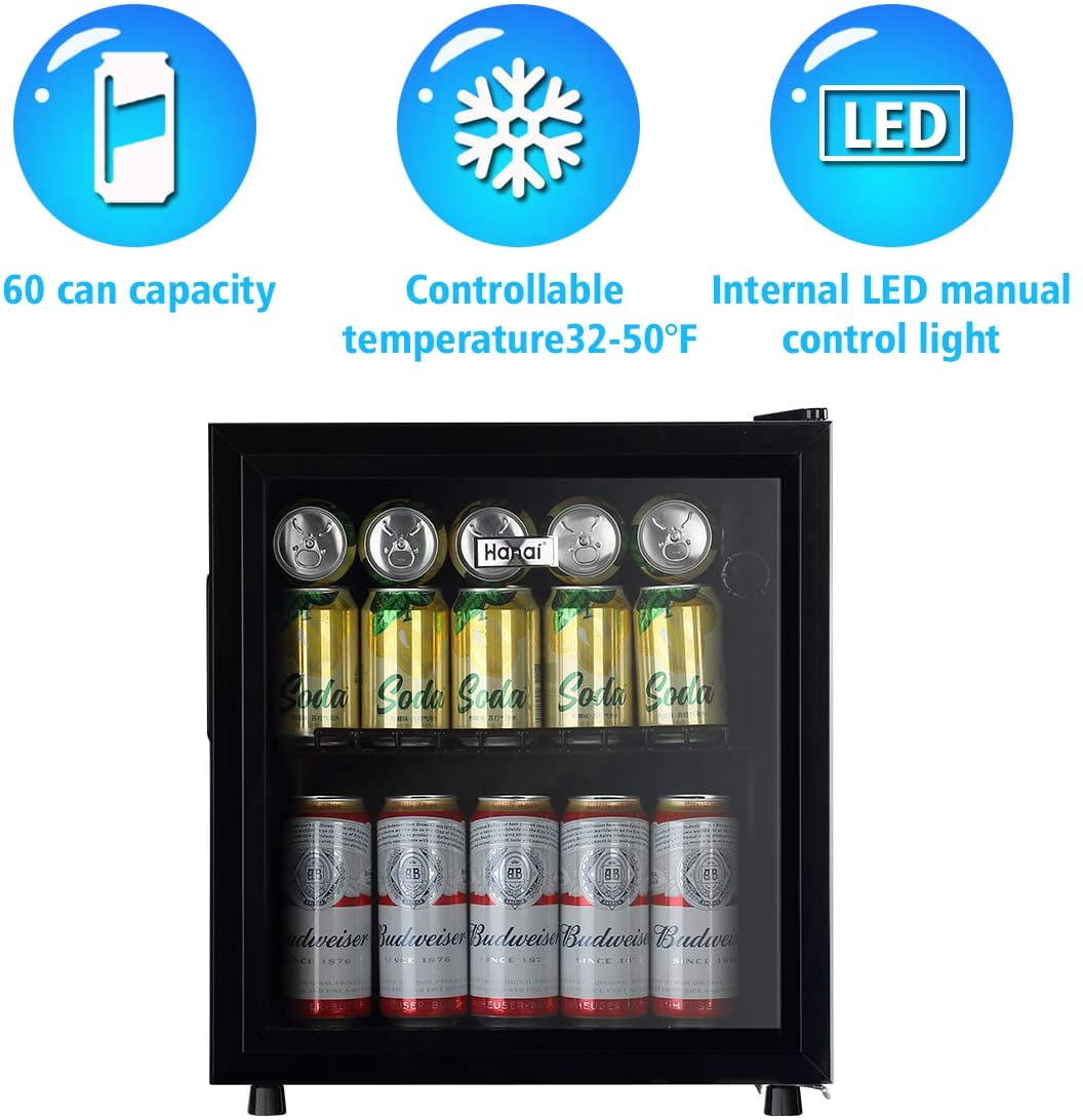 WANAI 1.6Cu.ft Beverage Refrigerator, Mini Fridge with Glass Door, Black