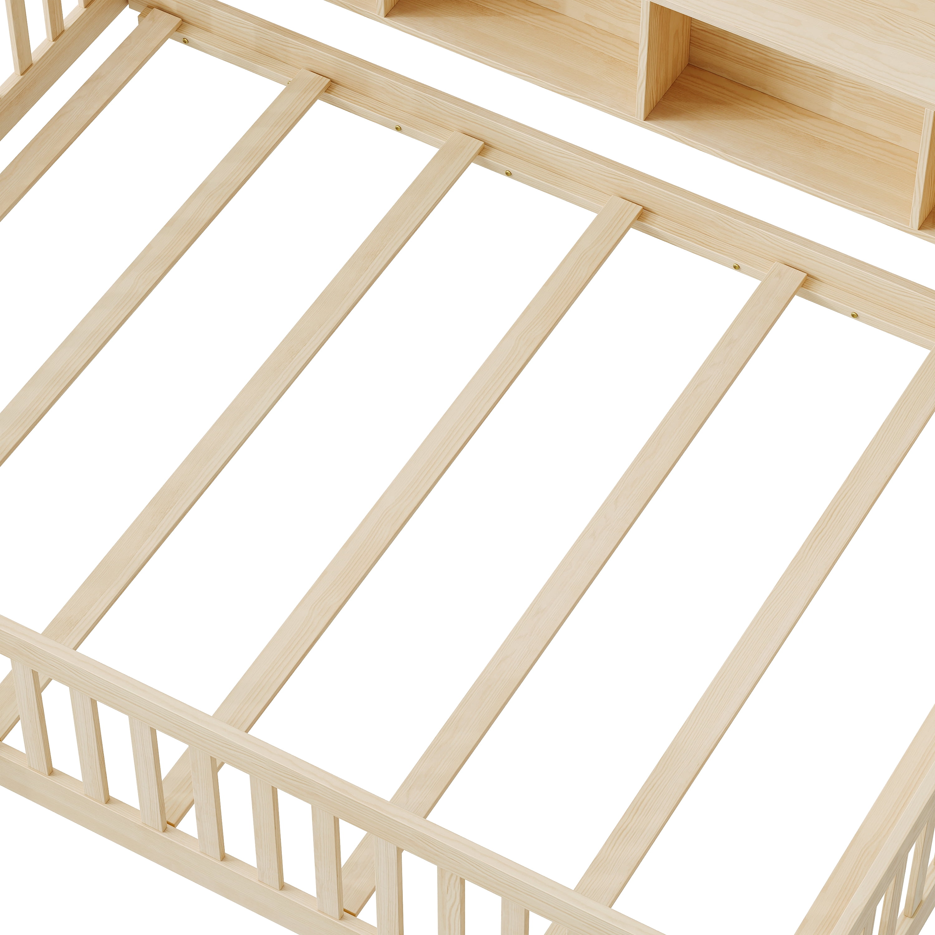 GARITIN Full Size Montessori Floor Bed, Headboard with Open Storage Cubbies, 4-Sided Guardrails with Access Door, Dual-Use Bed for Sleeping & Playing, Natural