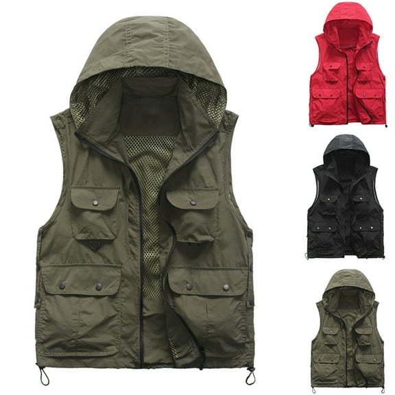 Hinvhai Men's Lightweight Casual Vest Outdoor Work Fishing Zipper Travel Vest Red 8(XL)