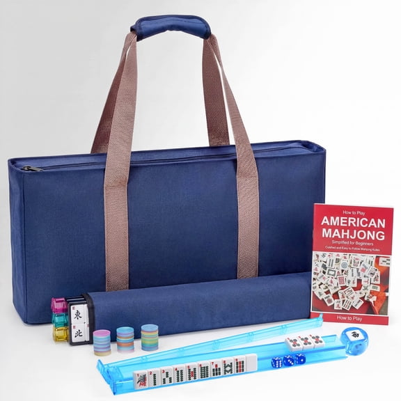 ABUELADE American Mahjong Game Set, 166 White Tiles, 4 All-in-One Color Rack/Pushers, Complete Mahjong Set Blue Carrying Bag