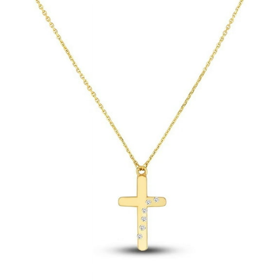 0.10 Ct Brilliant Cut Genuine Diamond Accents Beautifuly Designed Cross Pendant Necklace for Women in Solid 14K Yellow Gold With 18 inches chain