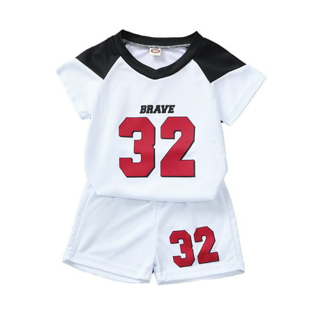 

Kucnuzki 4T Toddler Boy Summer Outfits Shorts Sets 5T Short Sleeve BRAVE 32 Prints Cozy Tops Elastic Cozy Shorts 2PCS Set White
