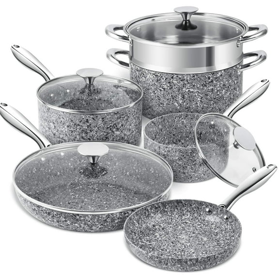 MICHELANGELO Stone Cookware Set 10 Piece, Ultra Nonstick Pots and Pans Set with Granite Coating, Kitchen Cookware Sets, Stone Pots and Pans Set, Granite Pots and Pans Set - 10 Piece