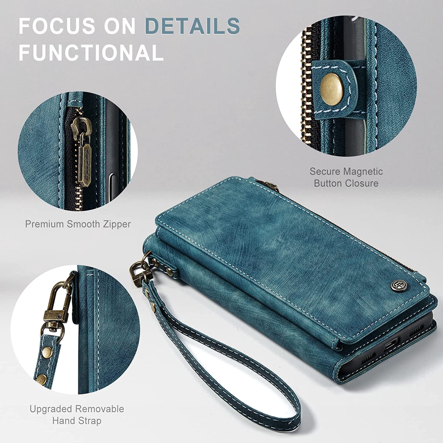 For iPhone 11 Case, iPhone 11 Wallet Case for Women Men, Durable PU Leather Magnetic Flip Lanyard Strap Wristlet Zipper Card Holder Wallet Phone Cases for iPhone 11 6.1-inch, Blue