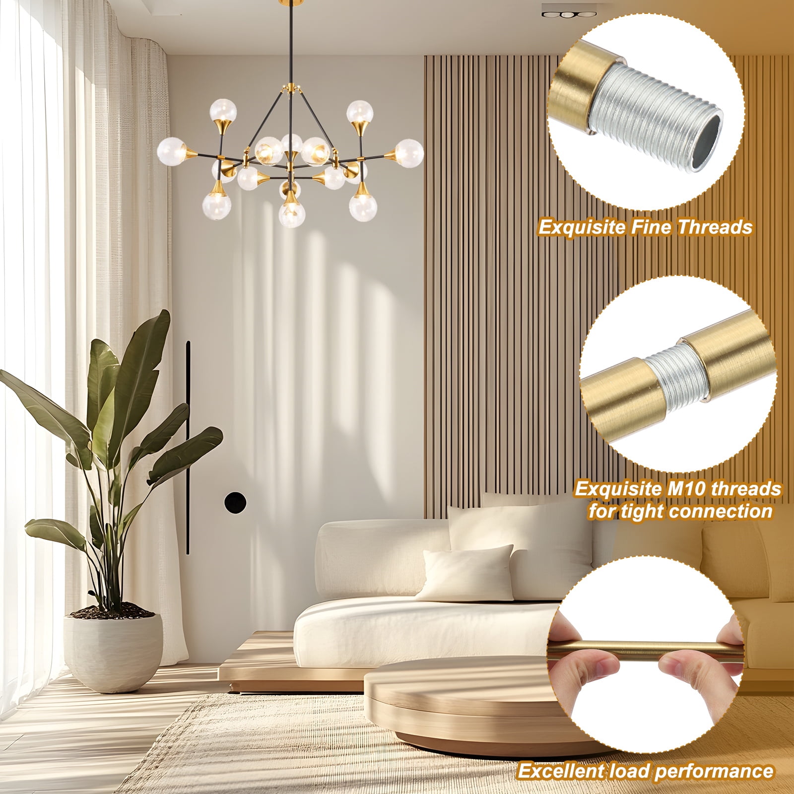 Uxcell Threaded Extension Rod, 5 Sets 11.8" M10 x 1mm Fine Thread Lamp Pipe with Nipples, Brass Tone