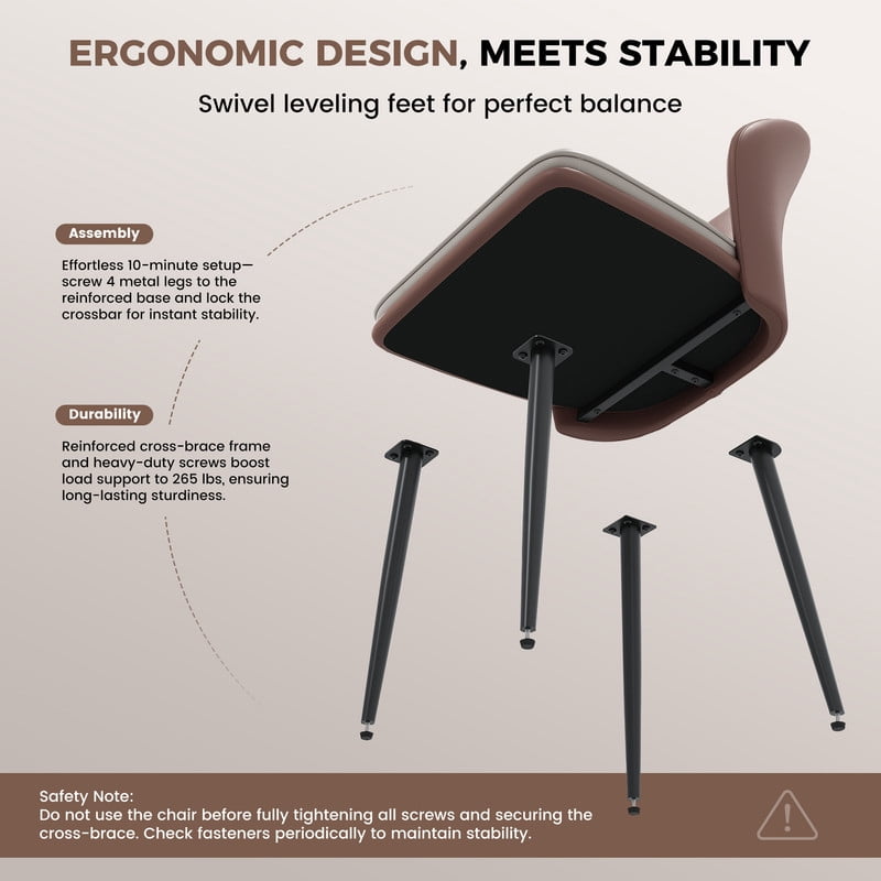 Hawsaiy Faux Leather Dining Chairs Set of 4, Modern Curved Back Upholstered Kitchen Side Chairs with Metal Legs, Brown
