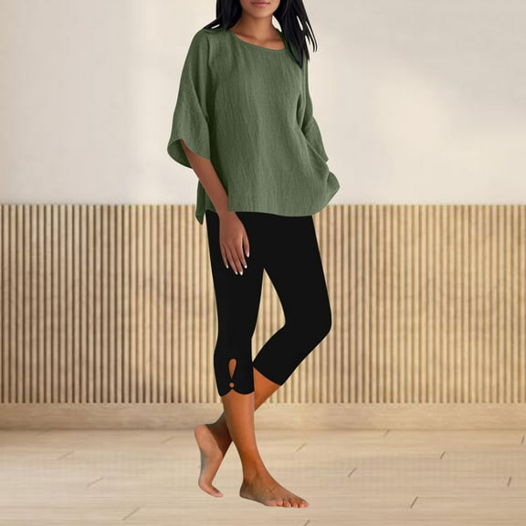 purcolt Women Cotton Linen 2 Piece Outfits 3/4 Sleeve Top High Waist Capri Leggings Suits Casual Loose Matching Sets