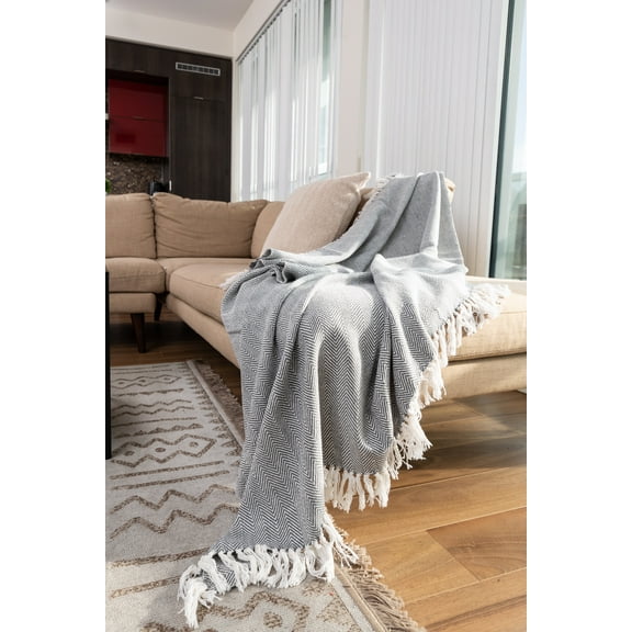 Fabstyles Herringbone Stripe Cotton Throw with Fringe, Lightweight Breathable Throw Blanket