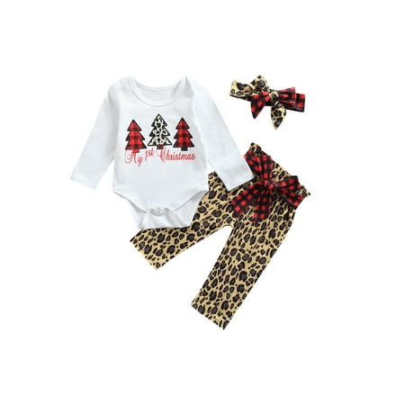 

Canrulo Newborn Baby Girls My 1st Christmas Clothes Long Sleeve Romper Pants Headband Outfits White 6-12 Months