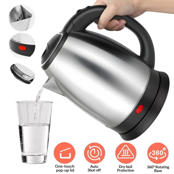 110V 1000W Stainless Steel Electric Kettle, 2.0L Hot Water Boiler with One Touch Pop-Up Lid, Spout Anti-Leak Design