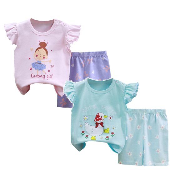 JUMESGU Cute Girls Outfits Girls Short Sleeve T-Shirt and Shorts Set for Big Kids And Toddler (Dark Purple & Light Blue,18-24 Months)