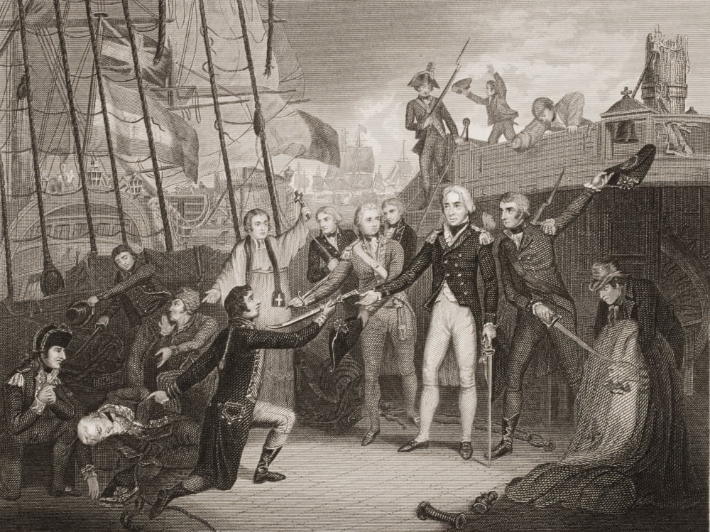 Posterazzi Admiral Nelson Receiving The Spanish Admirals Sword On Board The San Josef Feb 141797 Engraved By JRogers Painted By Orne From Englands Battles By Sea And Land By Lieut Col Williams