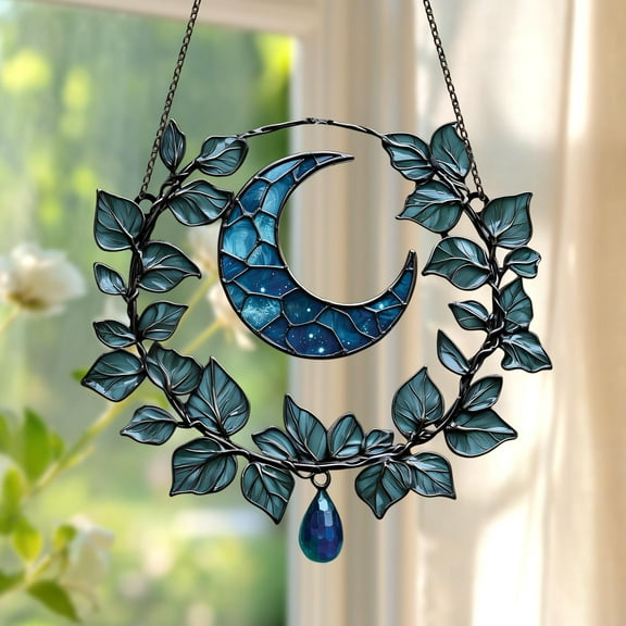 Botanical Crescent Moon Acrylic Window Hanging - Teal Ivy Faux Stained Glass Suncatcher With Gem Dangles, Autumn Decor Gift