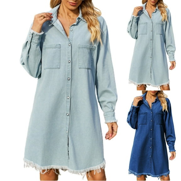 Ashirexll Womens Long Sleeve Dresses, Winter Dresses for Women, Solid Color Turndown Collar Loose Casual Denim Dress Fall Winter Wear