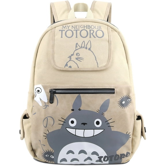 Roffatide Unisex Anime My Neighbor Totoro Laptop Backpack, Canvas and Printed Leather, Beige
