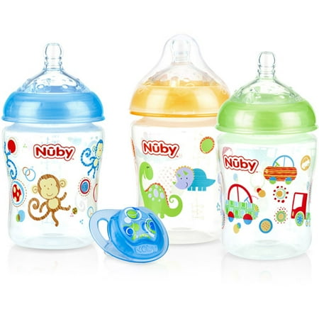 Nuby 3-Pack Natural Touch 9-oz Printed Baby Bottles with Comfort Orthodontic Pacifier, Boy, BPA-Free