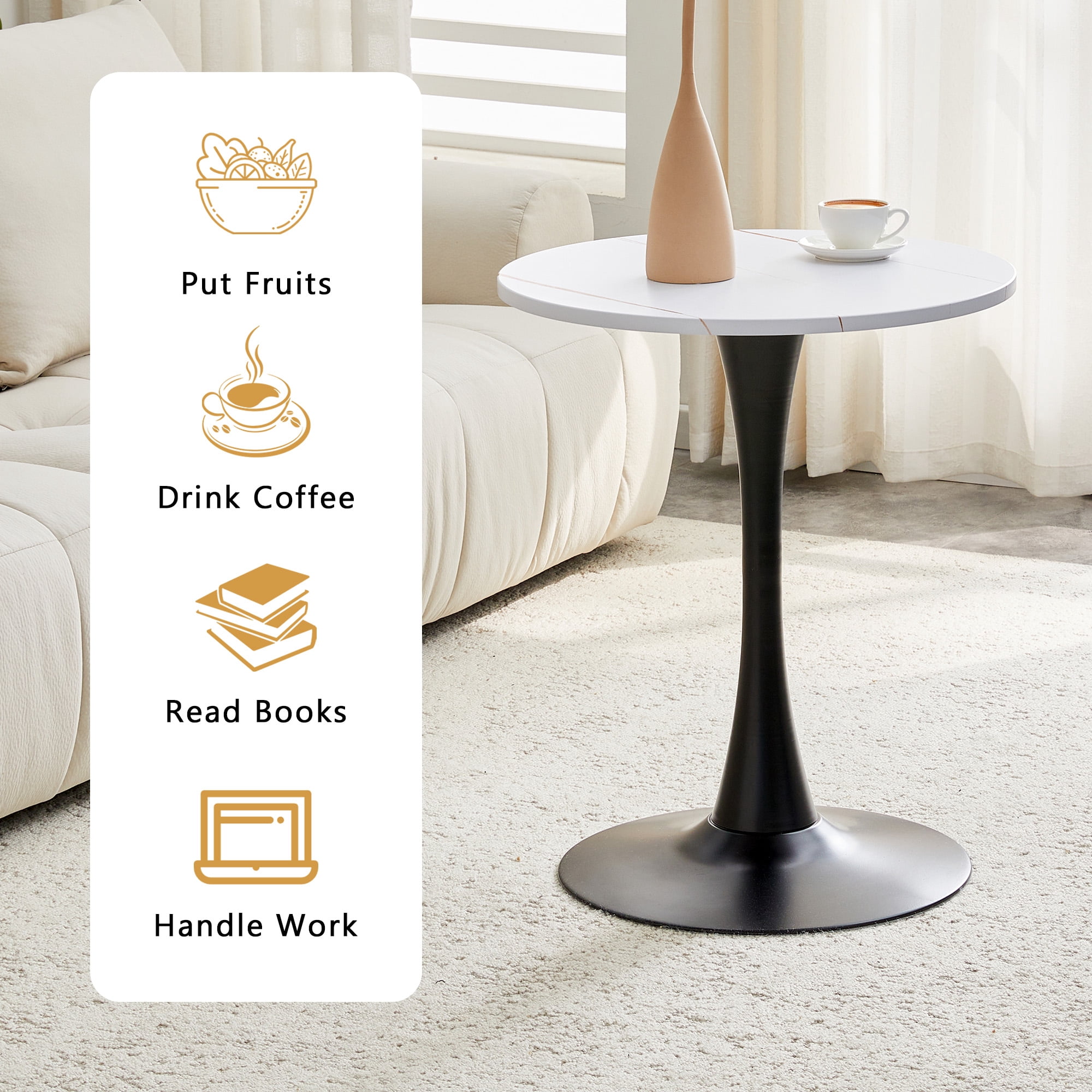 Miniyam 23.6” Round Dining Table, Small Pedestal Tulip Style Table for 2–4 People, Wooden Top with Metal Base, Warm White