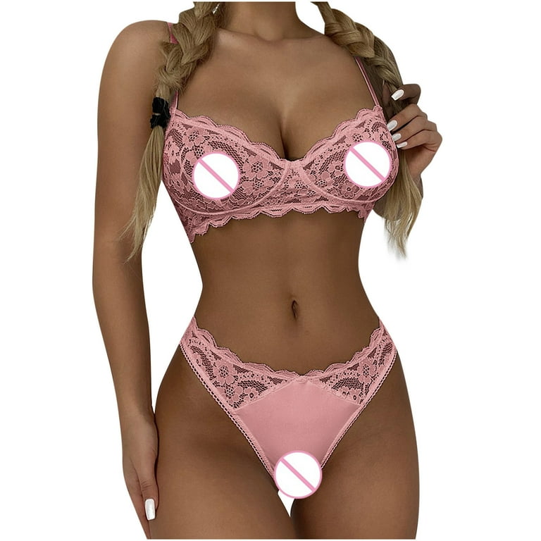 JGTDBPO Two Piece See Through Bra And Panties Set Solid Color Valentines  Day Sexy Lace Strappy Crotchless Exotic Lingerie Sets 