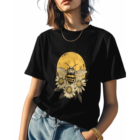 Bumble Bee Daisy Womens Tshirt Graphic Tees Cotton Crew Neck T-Shirts, Casual Short Sleeve Shirts for Women Teen Girl Vintage Flower