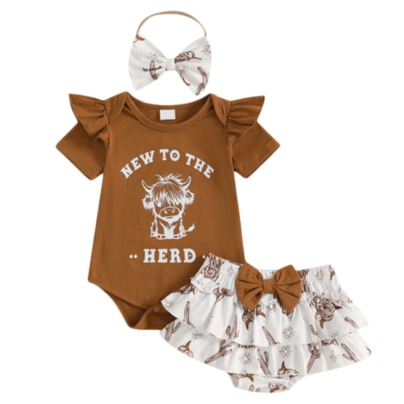 larppty Newborn Baby Girl Western Clothes New to the Herd Romper Cow Print Shorts Set Summer Coming Home Cowgirl Outfit(Brown, 3-6 Months)